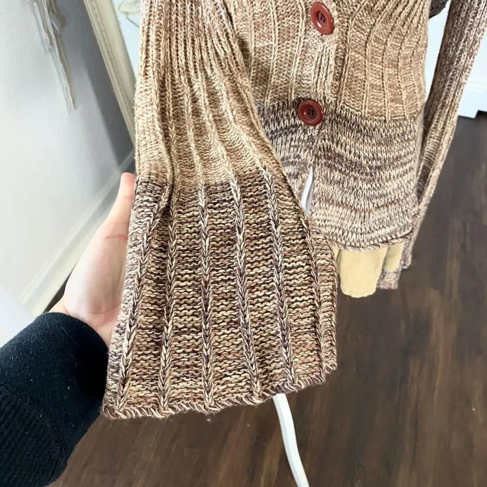 Bcbgmaxazria Y2K Flared Brown Tan Crean Knit Knitted Button Up Cardigan L - Picture 3 of 7